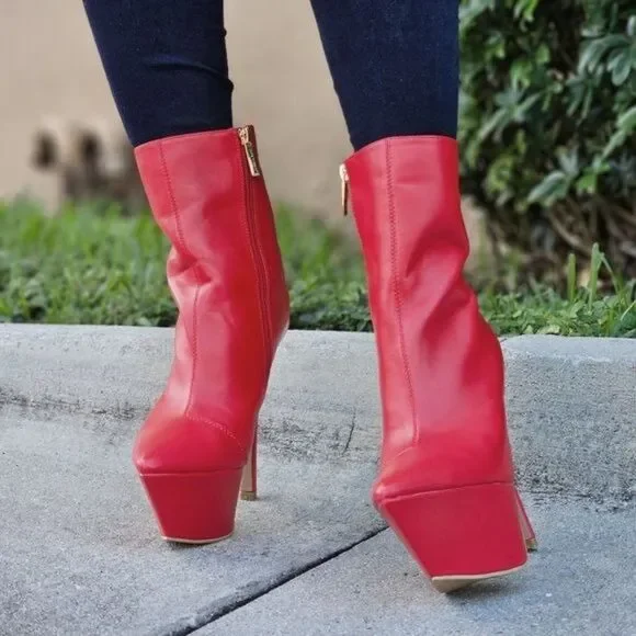 Red Pointy Toe Heel Boots for Women Side Zipper Pull On Style - Picture 3 of 6